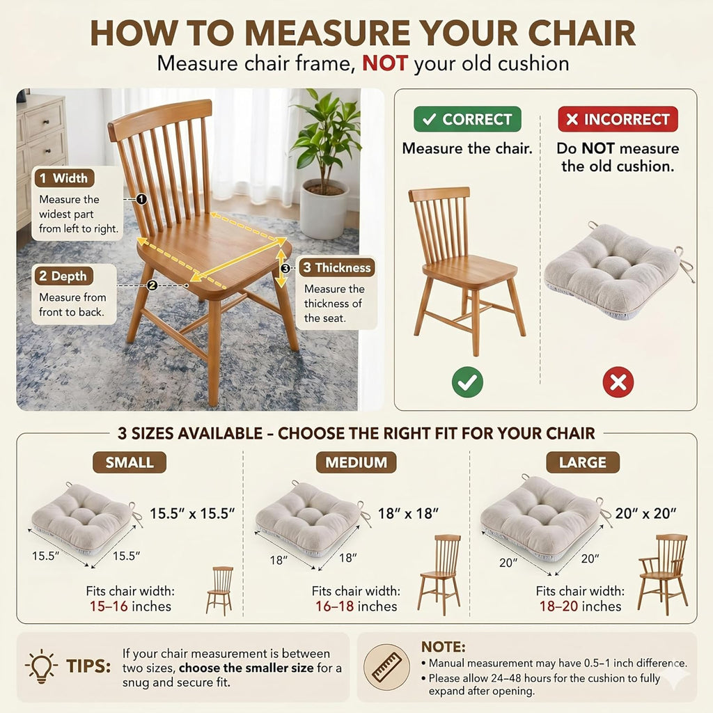 BETU Chair Cushions for Dining Chairs Set of 4,3.5" Thick Kitchen Table Chair Pads with Ties,Non Slip Backing and Covers, Seat Cushion for Dining Room,Bar,Patio Chairs,15.5"X15.5"X3.5",Beige