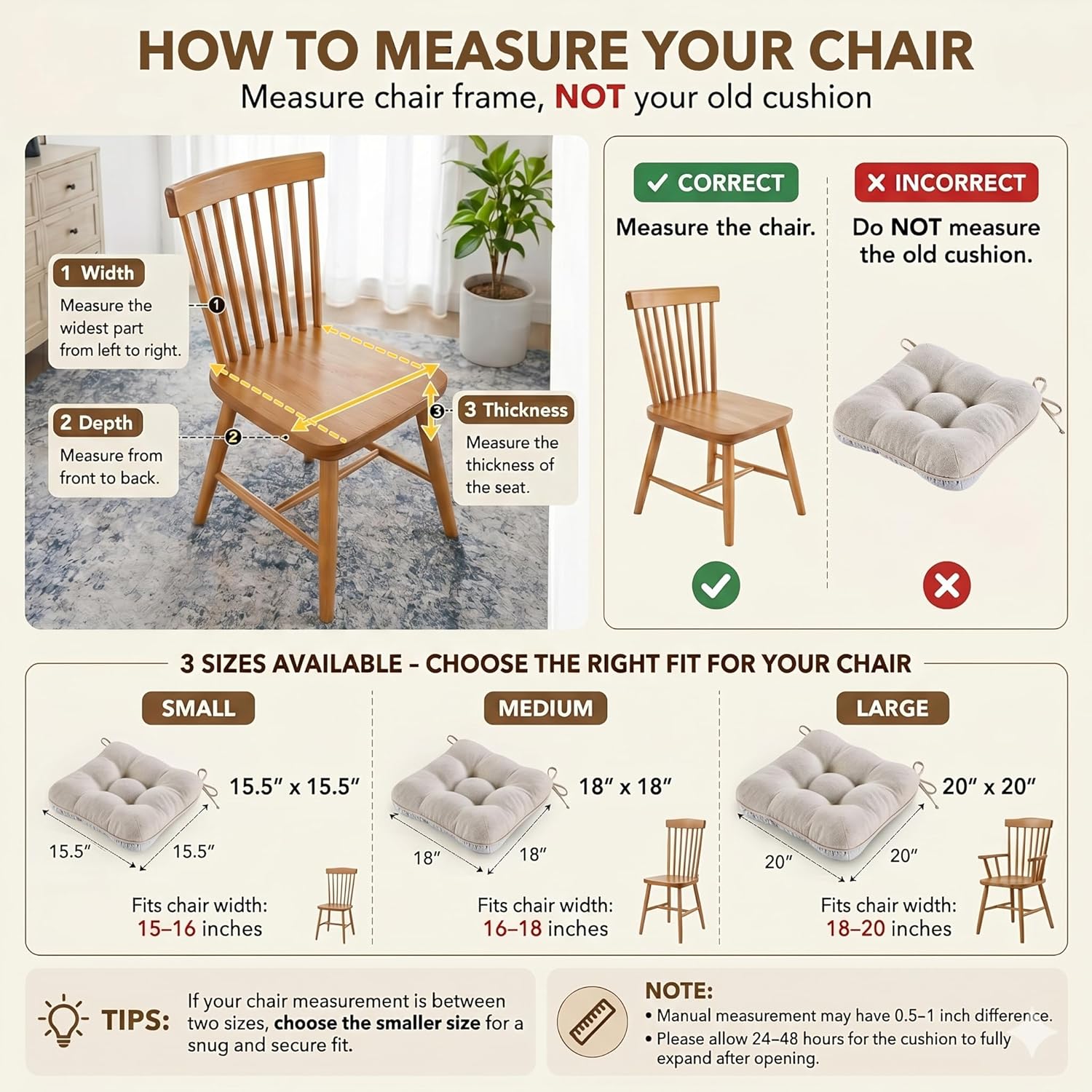 BETU Chair Cushions for Dining Chairs Set of 4,3.5" Thick Kitchen Table Chair Pads with Ties,Non Slip Backing and Covers, Seat Cushion for Dining Room,Bar,Patio Chairs,15.5"X15.5"X3.5",Beige