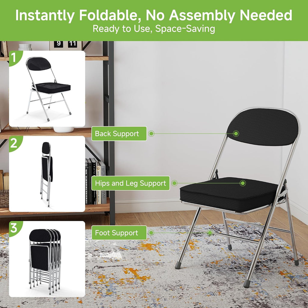 Real Relax Folding Chairs with Padded Thick Seat, Durable Corduroy Fabric, Portable Stackable Commercial Folding Office Chair with Steel Frame for Events Office Wedding Party,650LB,4 Pack,Black