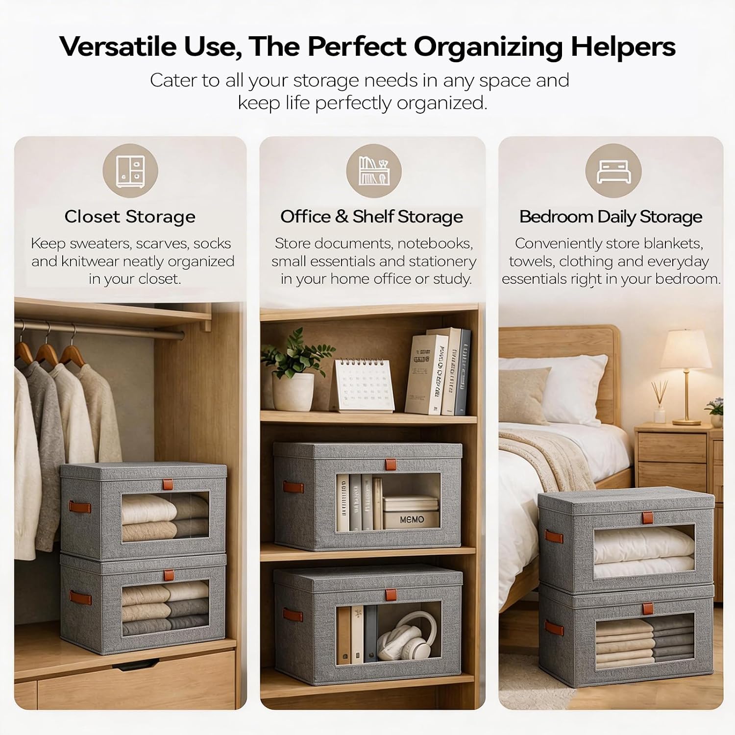 2-Pack Large Storage Bins with Lids,Stackable&Collapsible Closet Storage Bins,Oxford Fabric Organizer Box with Clear Window,Large Decorative Storage Boxes for Closet,Dorm16.5"x11.8"x11"