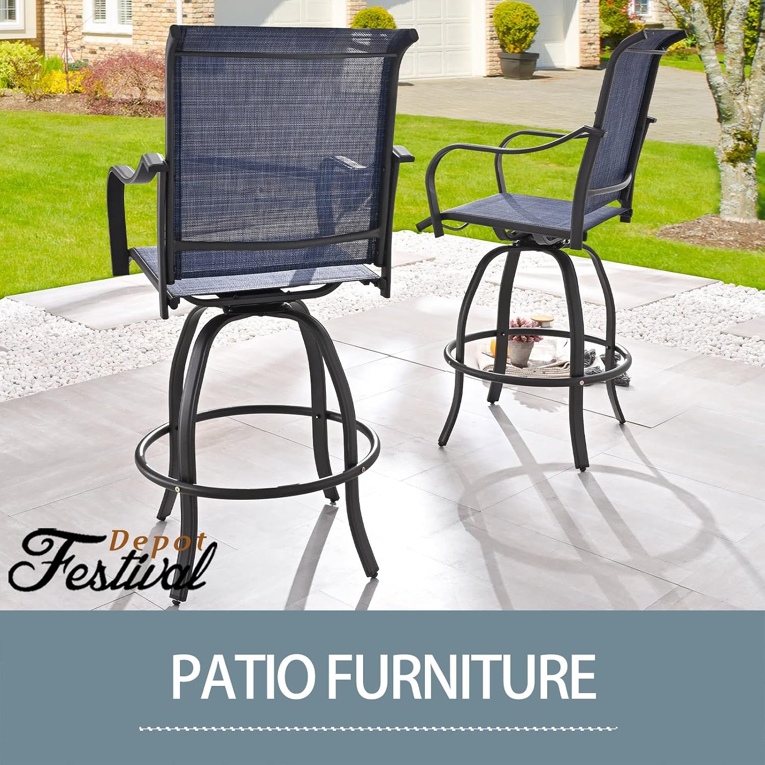 Festival Depot 2pcs Bar Bistro Patio Dining Chairs Textilene High Stools 360° Swivel Chairs with Curved Armrest and Metal Frame Outdoor Furniture for Garden Pool All-Weather (Blue)