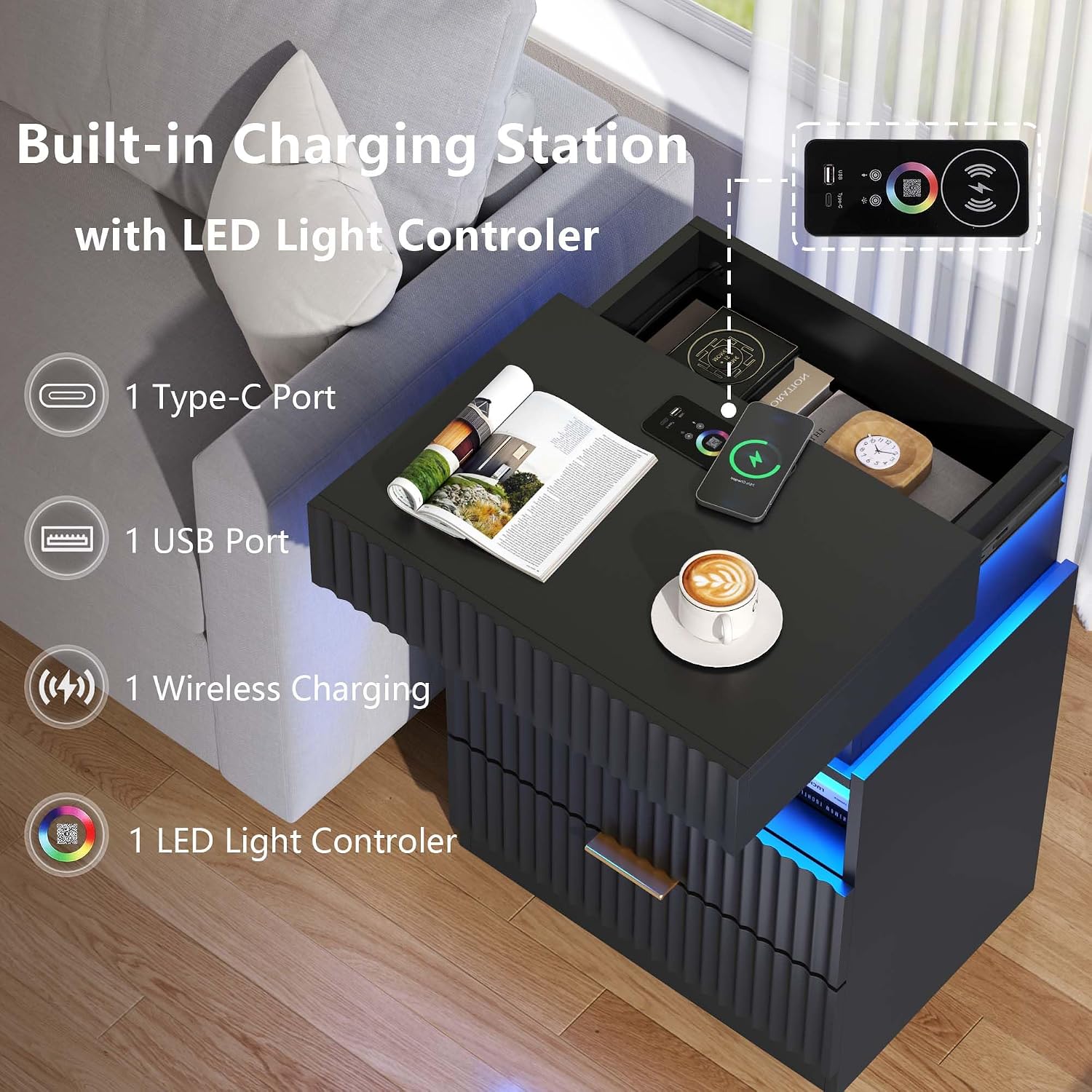 Night Stand with Wireless Charging Station, Black Bedside Table with Hidden Gun Drawer & LED Lights, Modern End Table with 2 Drawers, Fluted Nightstands with Open Storage Shelf for Bedroom