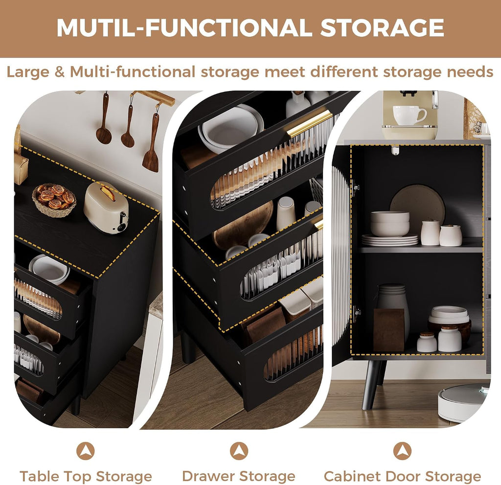 GarveeHome 39.4'' Modern Buffet Cabinet with Storage, Black Sideboard with Fluted Glass Door, 3 Drawers and Adjustable Shelf, Console Table for Kitchen, Dining Room, Living Room