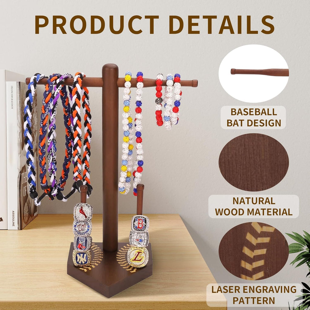 Baseball Ring Display Holder for Championship Rings & Necklaces, Wooden Sports Jewelry Organizer with Bat Stand for Baseball Softball Players, Athlete Gift Display Case for Rings Bracelets Medals