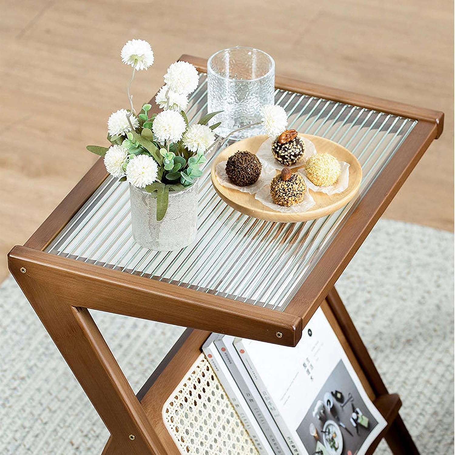 Majnesvon Rattan Side Table, Bamboo Night Stand, Z-Shaped Bamboo End Table, Tempered Glass Top, Boho End Tables for Living Room Bedroom Apartment with Magazine Rack