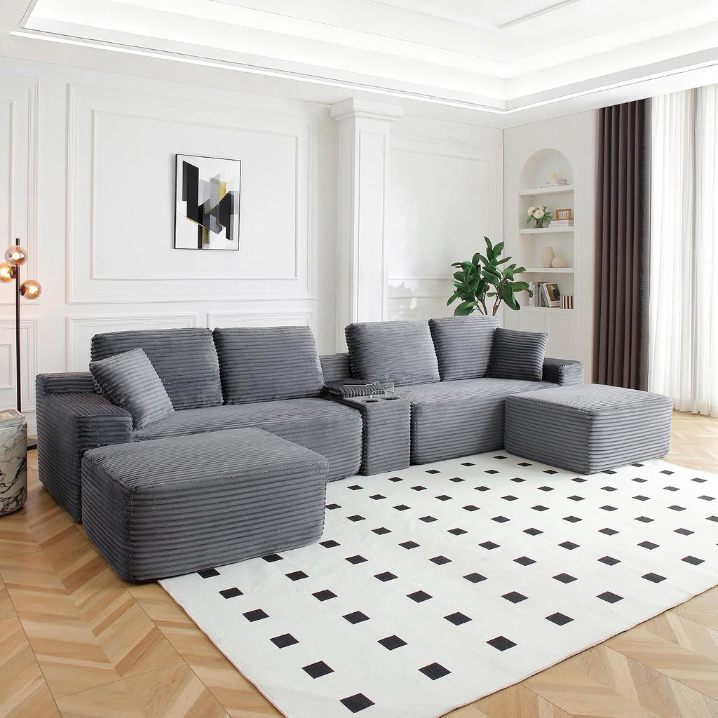 125" Oversized Sectional Couches for Living Room, Modern Boneless Cloud Couch with Ottoman,USB Port&Cup Holders, Comfy Corduroy Modular Sectional U Shape Sofa Couch for Apartment, Grey Couch in a Box
