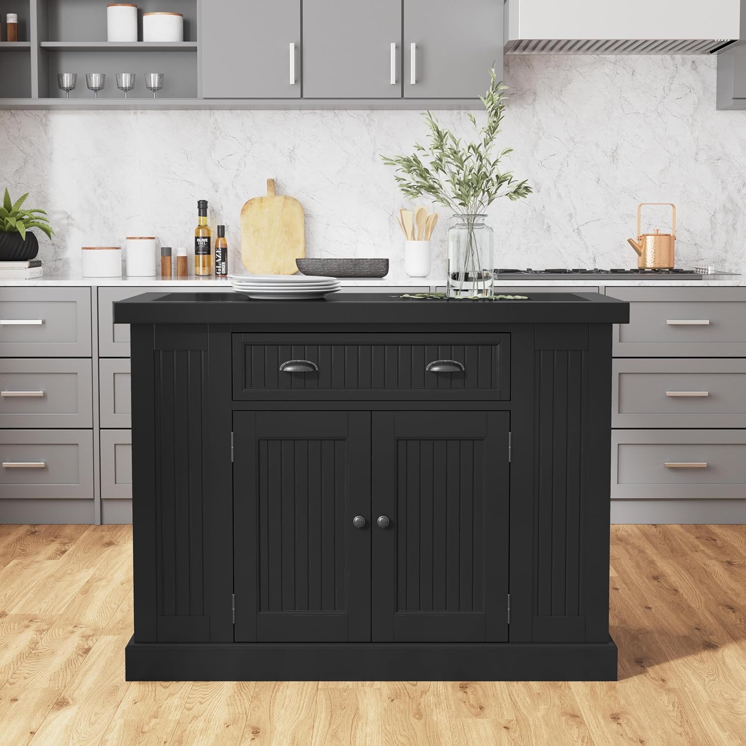 Homestyles Nantucket Distressed Black Kitchen Island with Black Granite and Wood Drop Leaf Breakfast Bar, 48"W