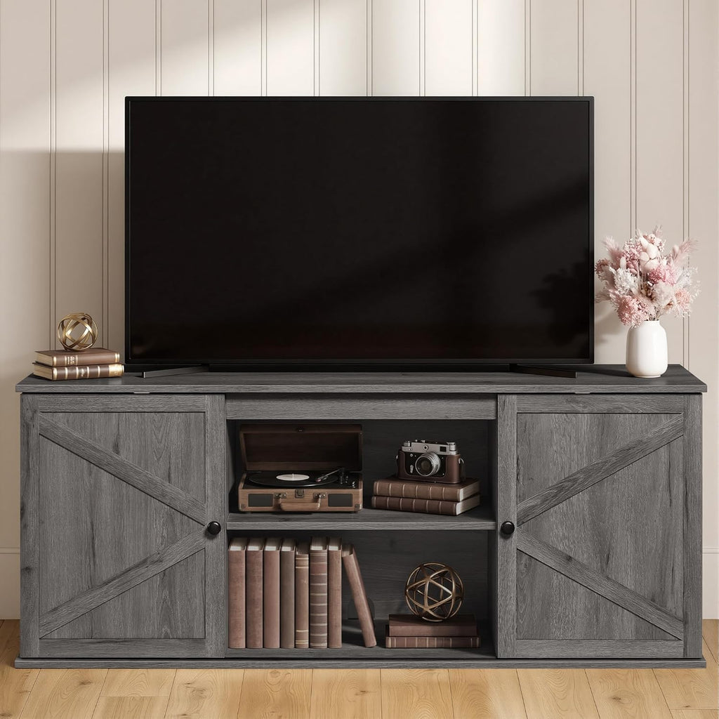 VASAGLE Farmhouse TV Stand for TVs up to 65 Inches, Entertainment Center with Storage Cabinets and Sliding Barn Doors, Media Console Table for Living Room, Grey ULTV535G101