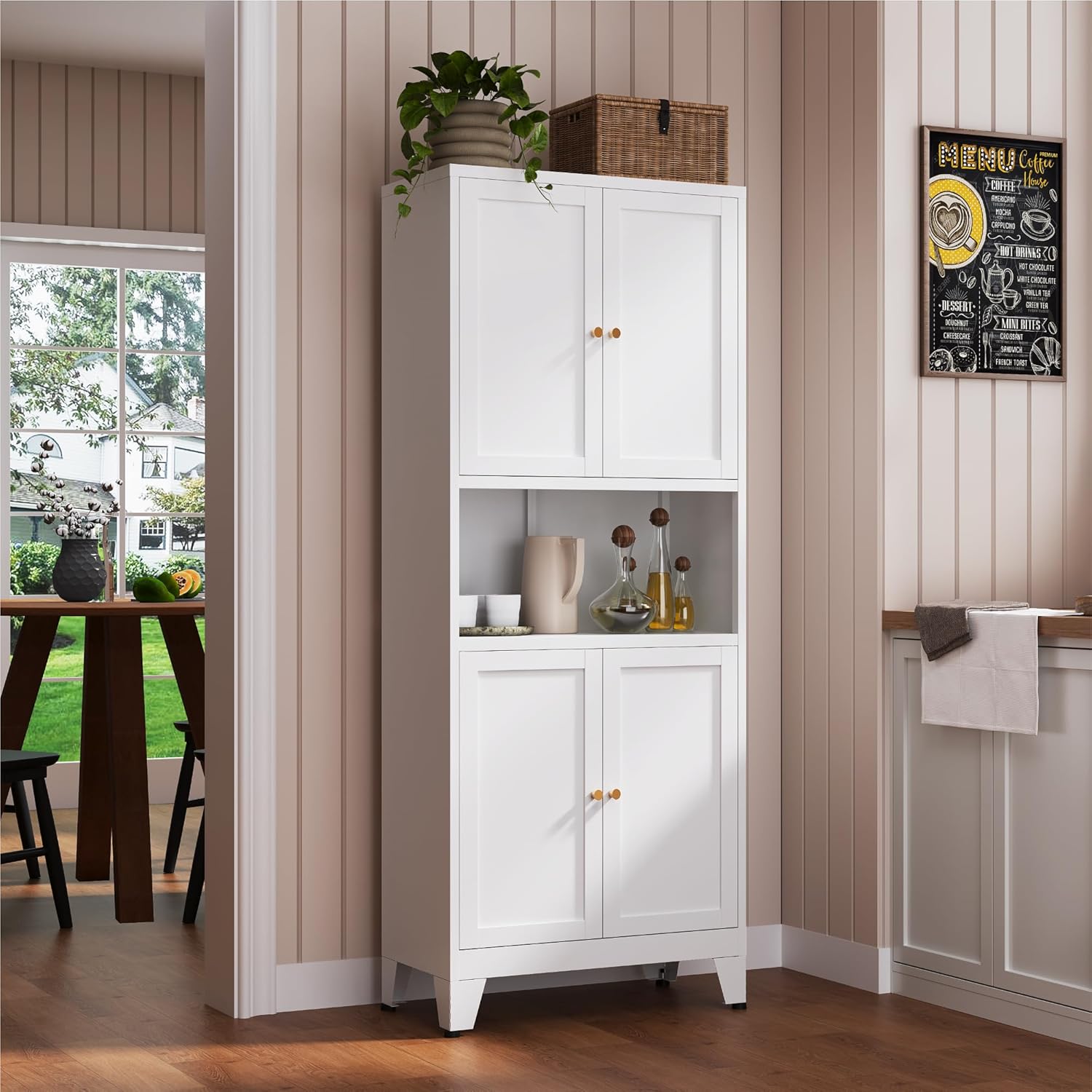 YAUWOH 69" Tall Metal Pantry Cabinet with Microwave Shelf, 4 Doors & 3 Adjustable Shelves, 120LBS Per Shelf Heavy Duty Storage Cabinet with Anti-Tip Design for Kitchen,Dining Room (1PC,White)