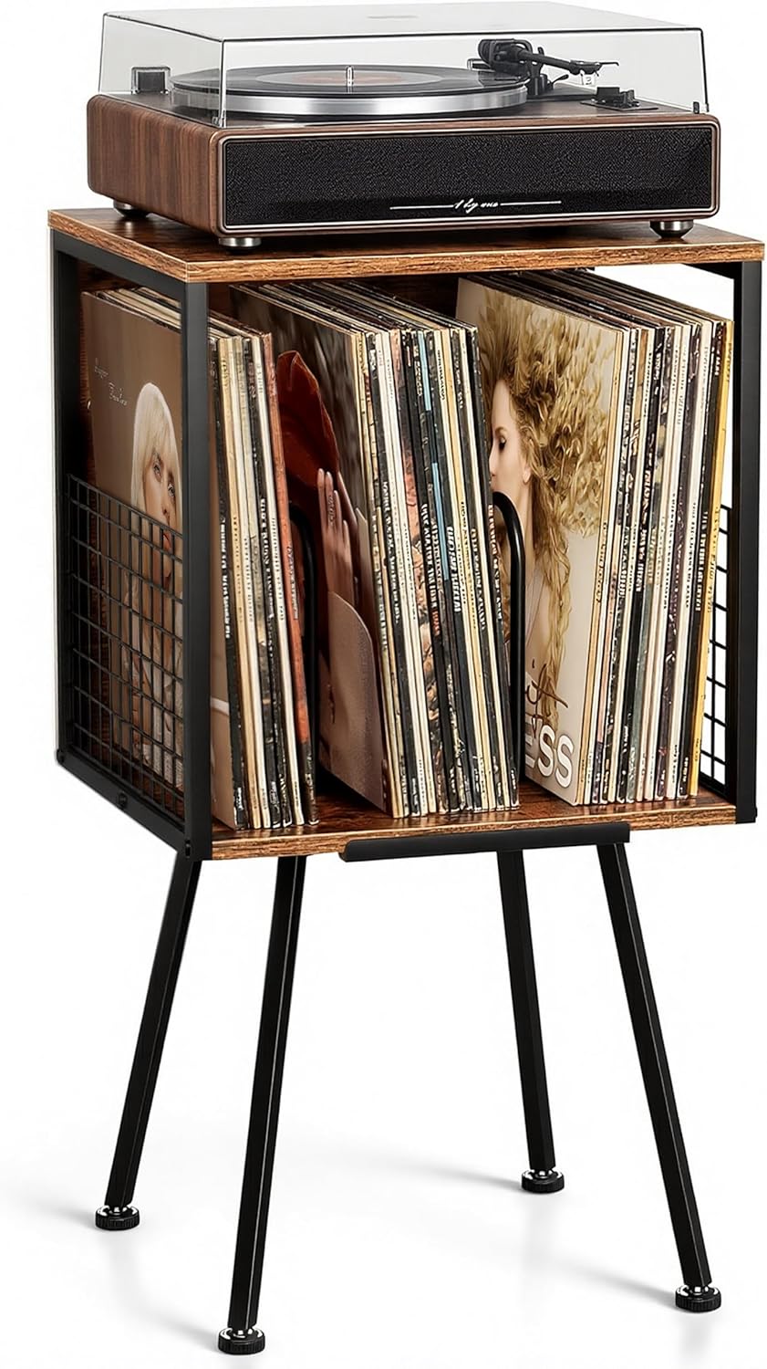 Faesun Record Player Stand with Storage Holds 100+ Vinyl Records, Industrial Turntable Stand with Storage Shelf, LP Album Organizer Cabinet for Small Spaces,Rustic End Table