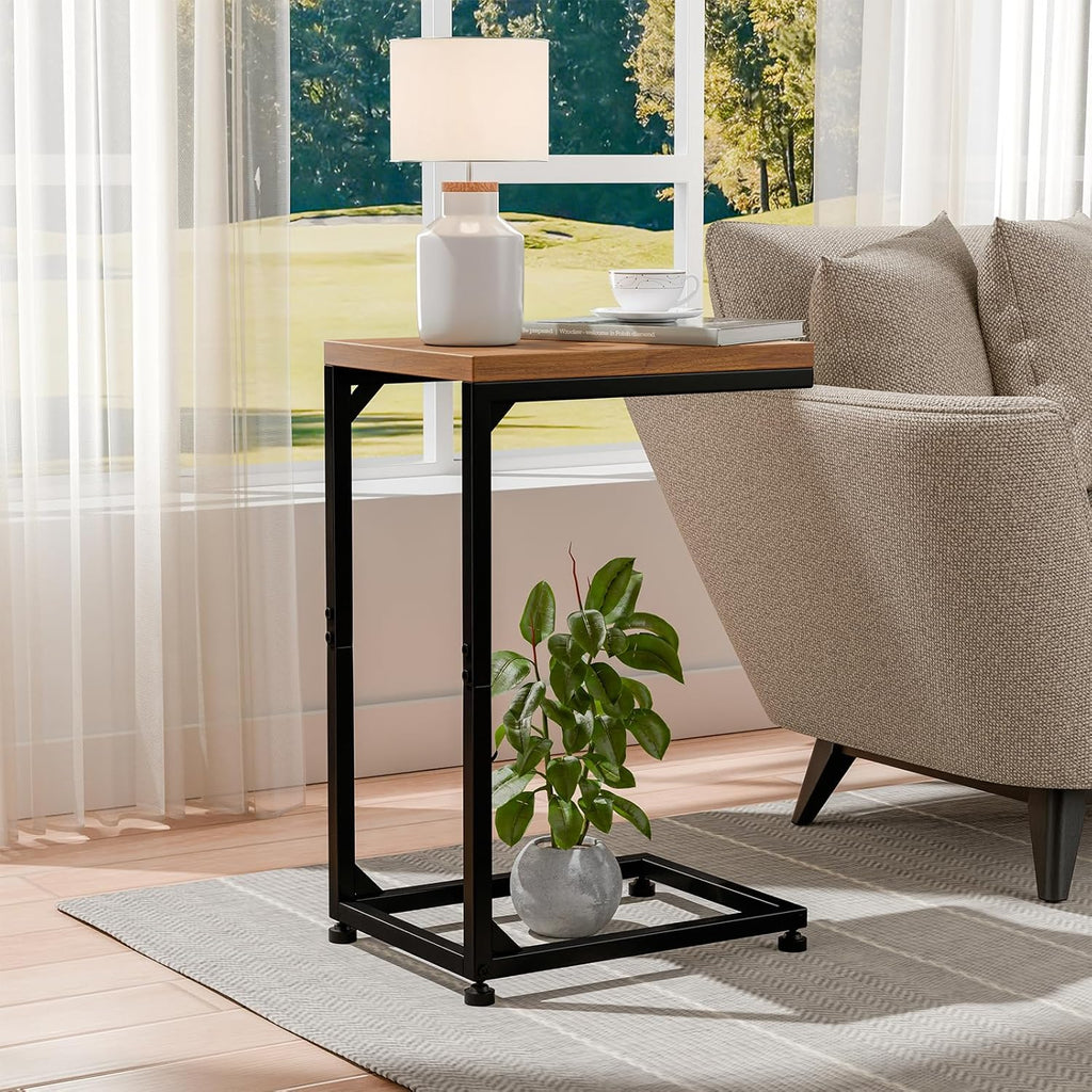 Ekisemio C Table for Sofa, C Shaped End Table with Metal Frame, Small Side Table for Couch, TV Tray for Living Room, Bedroom, Rustic Brown