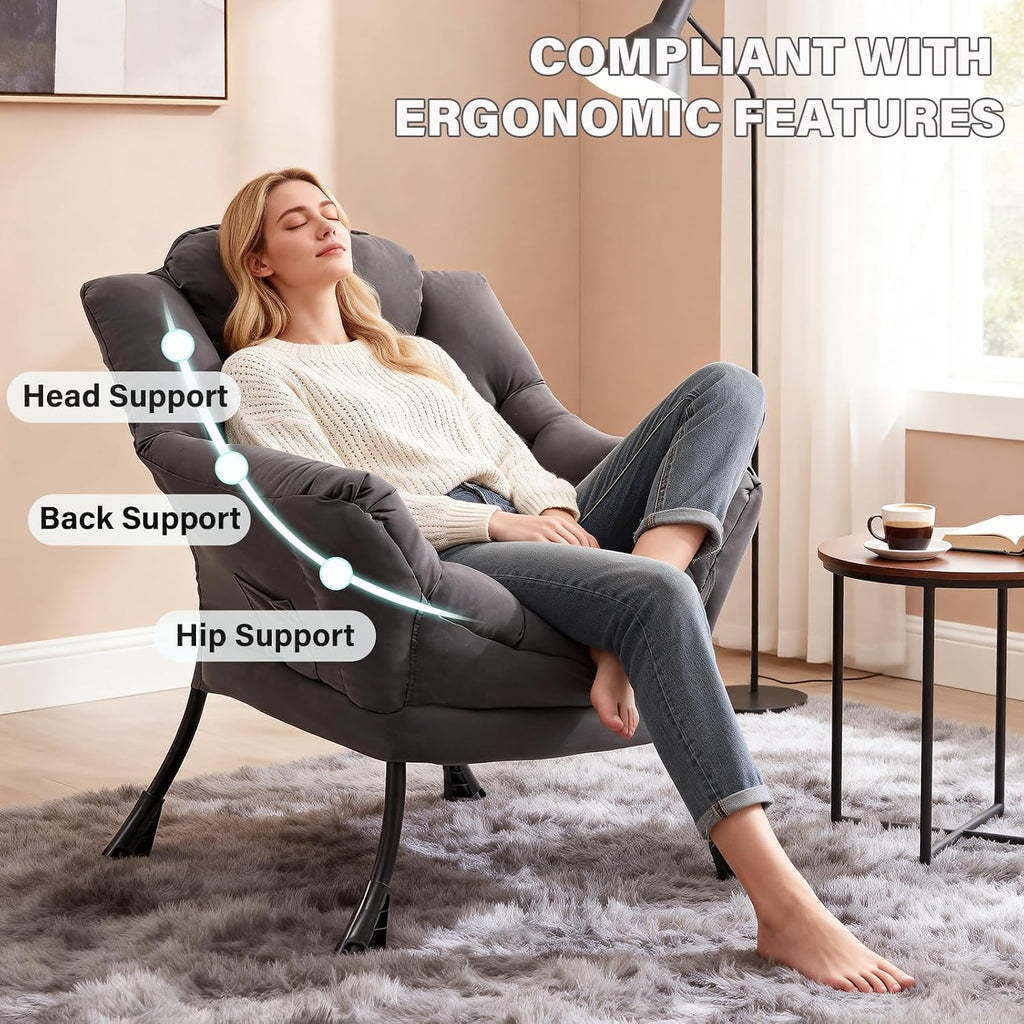 MBOOYOME Lazy Chair, Modern Accent Chair with Armrests, Side Pocket & Metal Frame, Comfy Leisure Chair for Living Room, Bedroom, Dorm & Office, Dark Grey