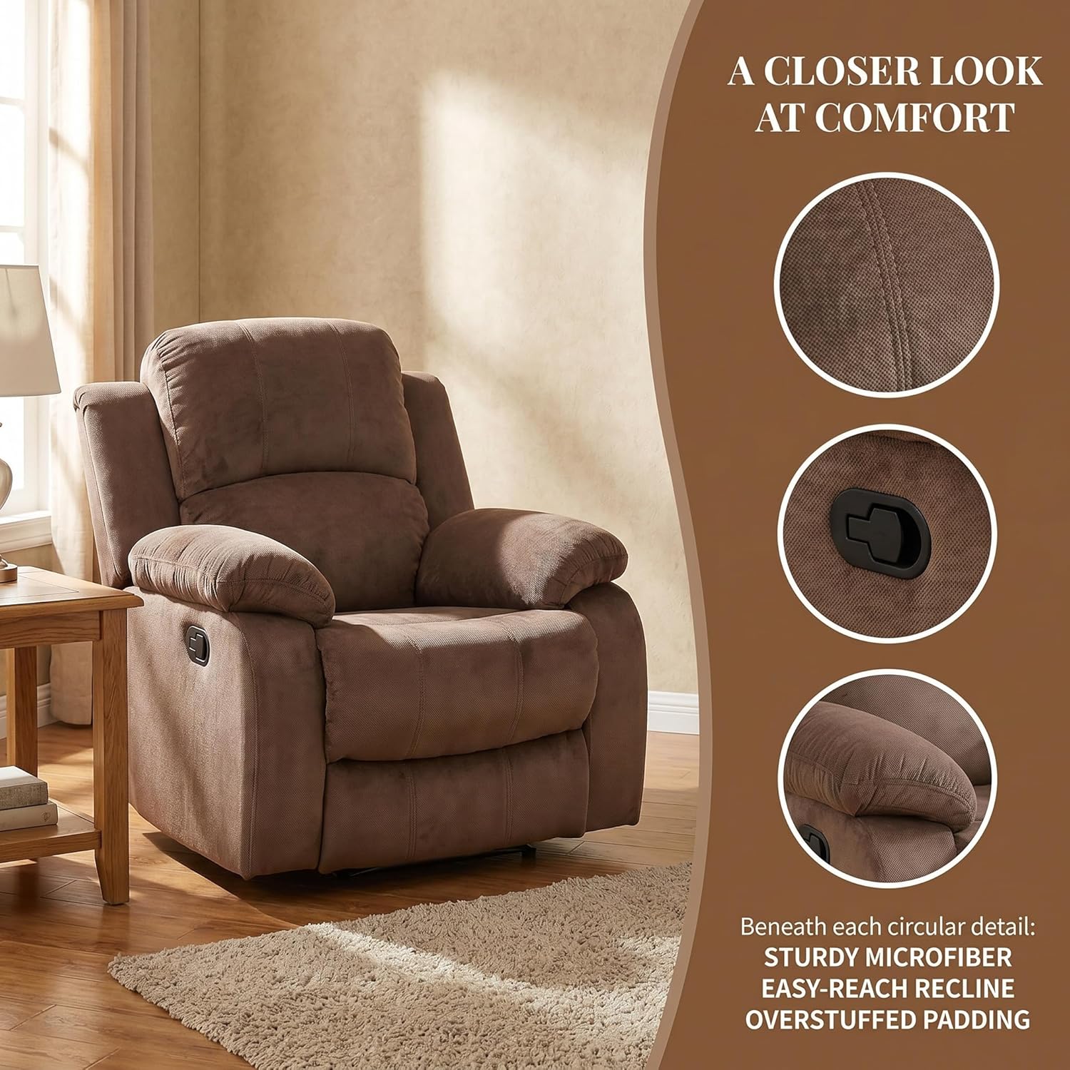 Manual Recliner Chair, Nursery Rocking Chair, Velvet Recliner Chair for Adults, Lazy Boy, Gaming Recliner wih Overstuffed Arms, Suitable for Home Theater, Living Room, Bedroom, Brown