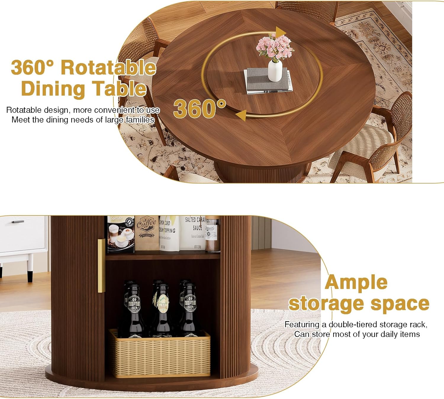 55" Round Dining Room Table with Lazy Susan, Mid-Century Modern Kitchen Table, Pedestal Storage with Wavy Sliding Doors, Seats 6, Stable Rounded Base, Easy-Clean Finish (Walnut)