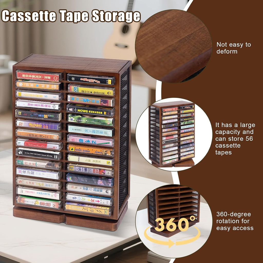 WodGod Cassette Tape Storage Box, Wood Cassette Rack, Wooden Cassette Tape Holder 360-Degree Rotatable, 56 Capacity, Double-Sided & Diamond Metal Wire Mesh, the Ideal Gift for Cassette Collectors
