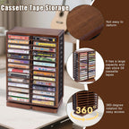 WodGod Cassette Tape Storage Box, Wood Cassette Rack, Wooden Cassette Tape Holder 360-Degree Rotatable, 56 Capacity, Double-Sided & Diamond Metal Wire Mesh, the Ideal Gift for Cassette Collectors