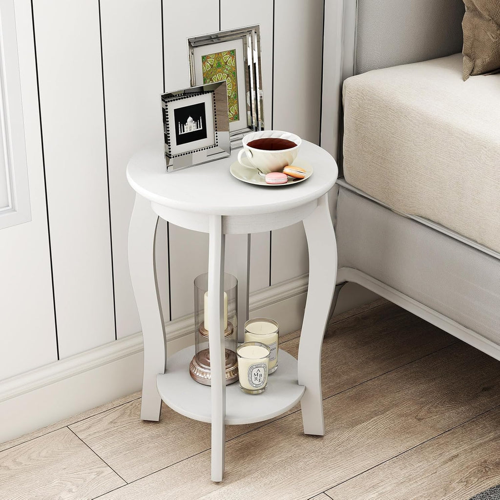 GOFLAME 2-Tier Round End Table, Mid-Century Modern Sofa Side Table with Storage Shelf, Solid Wood Legs, Compact Accent Table, Nightstand for Living Room, Bedroom, Small Space, White