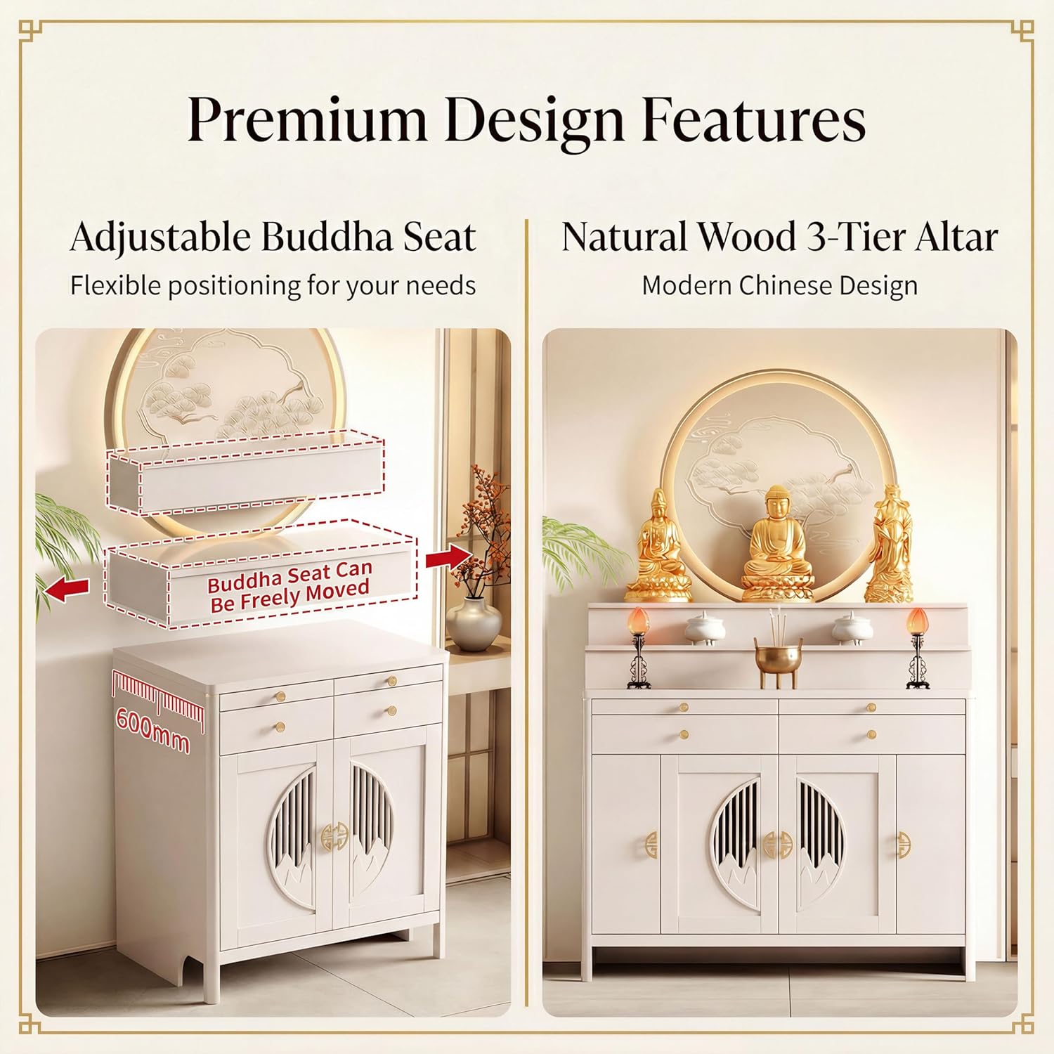 Solid Wood Frame Buddhist Altar Cabinet, Personal Shrine Altar Table with Storage Drawer, Chinese Cabinet Pedestal Offering Table Buddhist Prayer (White, 49.6" L * 23.6" W * 50" H in, Wood)