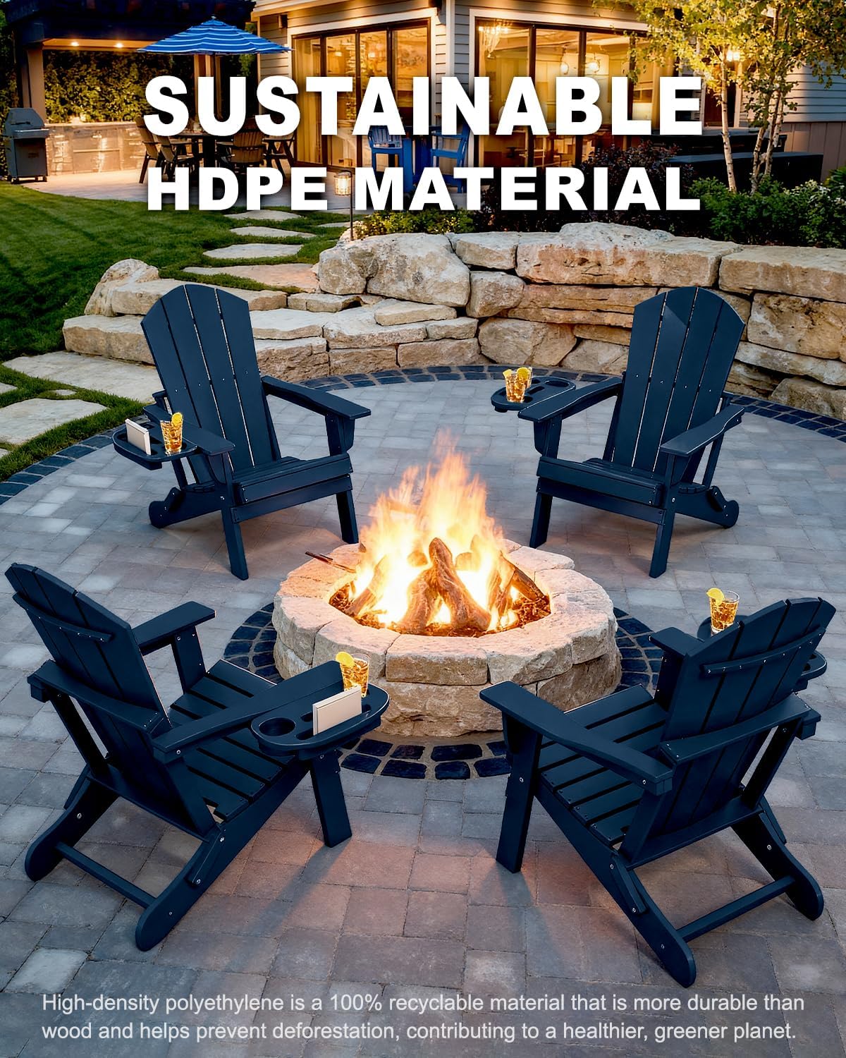 Adirondack Chair Set of 4, HDPE Folding Adirondack Chair with Multifunctional Cup Holder, Weather Resistant Fire Pit Chair for porches, patios, poolsides, Decks.