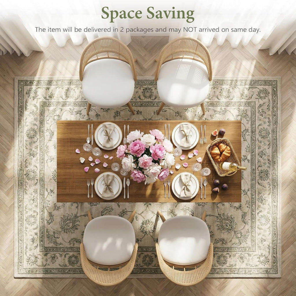 STHOUYN 63"-79" Farmhouse Wood Extendable Dining Room Table Set with 4 Upholstered Chairs, Rectangular Expandable Retractable Kitchen Table and Chairs Set of 6 (63"-79" Brown Table + 4 White Chairs)