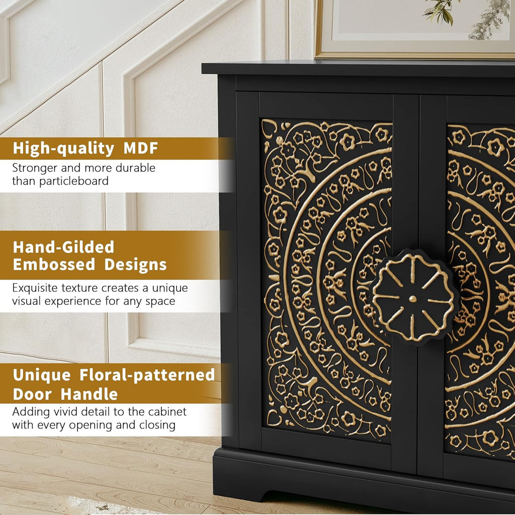 ARTPOWER Embossed Accent Cabinet Set of 2, Vintage Sideboard Buffet Cabinet, Credenza Storage Cabinets with Doors and Shelves for Living Room, Dining Room, Entryway, Hallway, Black