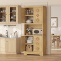 GarveeHome 72" Tall Pantry Cabinet with Carved Door, Kitchen Storage Cabinet with Shelf for Microwave, Freestanding Wooden Cupboard with Crystal Handle, for Dining Living Room, Light Oak