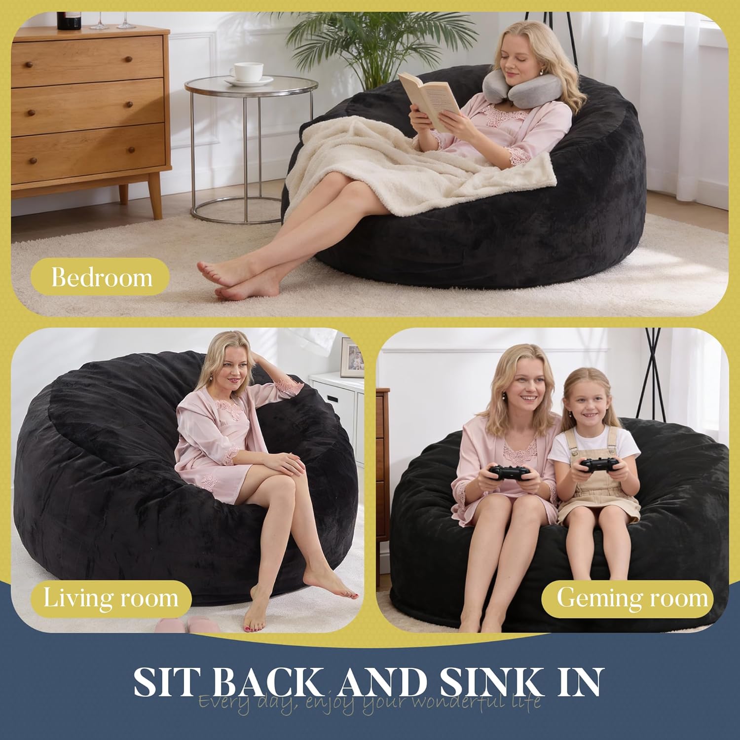 Magic in House 3FT Bean Bag Chair - BeanBag Chairs with Filler, Large Round Fluffy Sofa for Adults, Removable Machine-Washable Flannel Cover, for Living Room & Bedroom - Black(35"x35"x25")