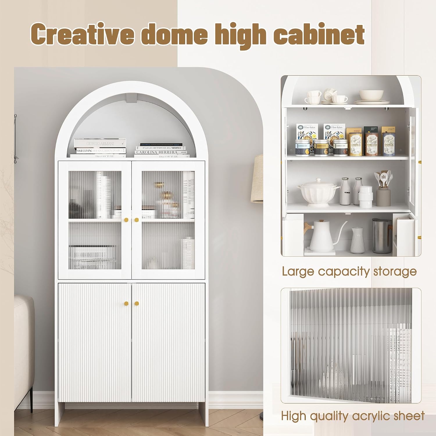 Spaco 69" Tall Arched Kitchen Pantry Cabinet with Led Lights,Wood Fluted Kitchen Storage Cabinet with 5-Tiers Storage Shelves,Modern Versatile Cupboard with Glass Doors for Dining Room. (White)