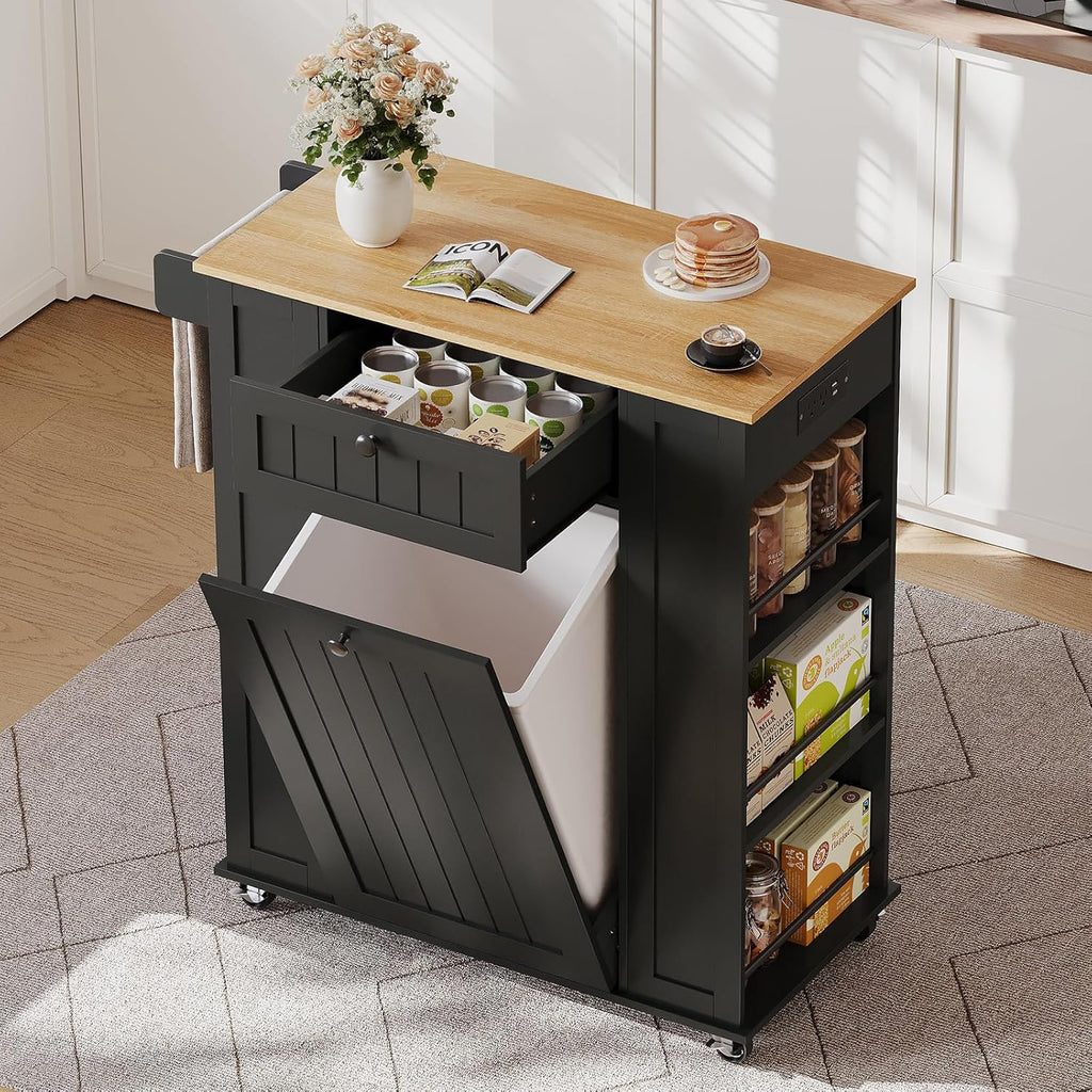 35" Kitchen Island with Trash Cabinet, Portable Rolling Cart with Power Outlet, Storage Drawer, 6-Tier Spice Rack, 4 Locking Casters for Kitchen Dining Living Room, Black