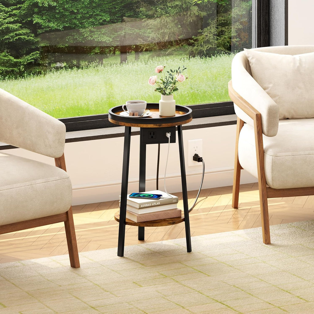 Industrial Round End Table with Charging Station,2-Tier Side Table with AC Outlet & USB Port, Sofa Side Table with Storage Shelf for Small Spaces, Living Room, Bedroom, Rustic Brown & Black