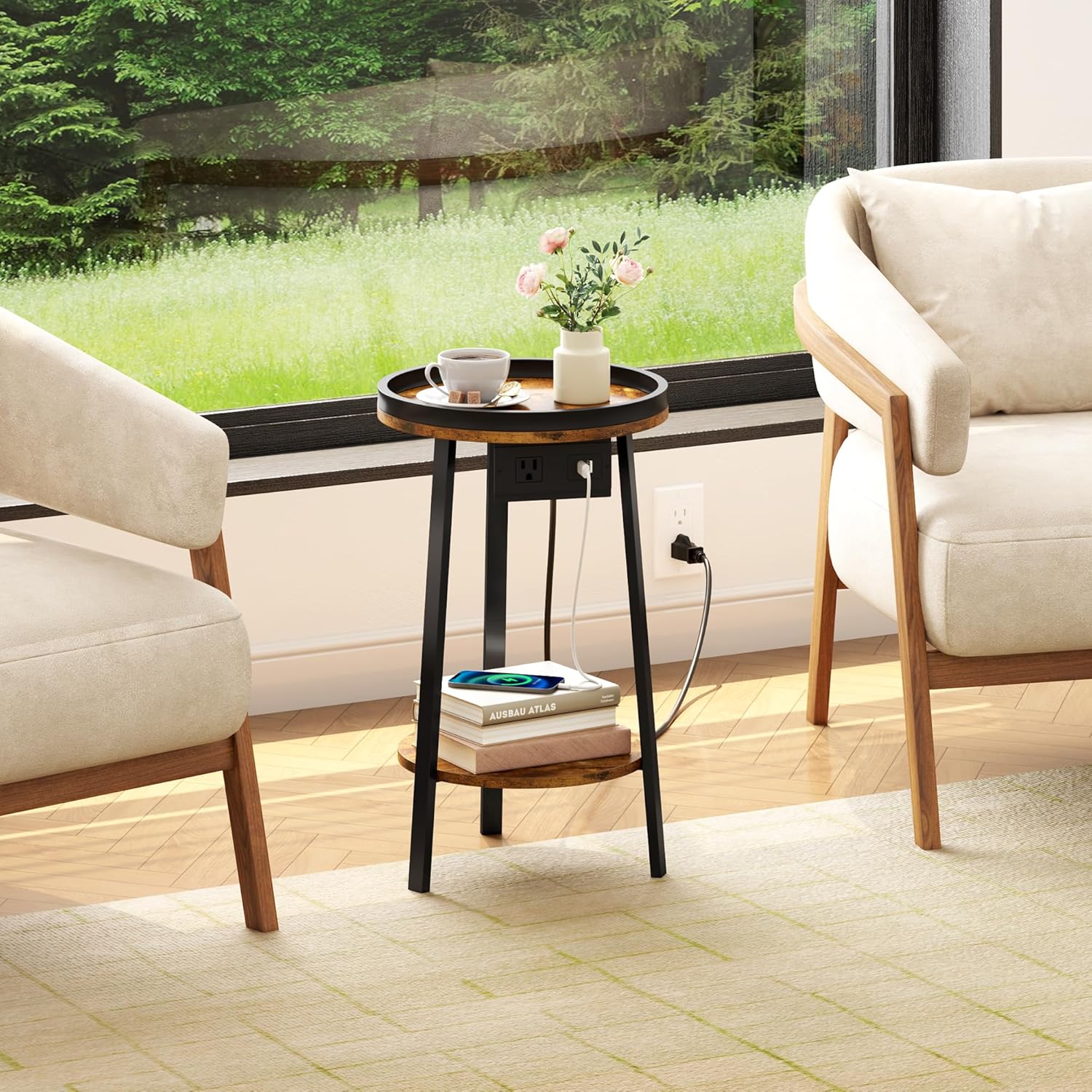 Industrial Round End Table with Charging Station,2-Tier Side Table with AC Outlet & USB Port, Sofa Side Table with Storage Shelf for Small Spaces, Living Room, Bedroom, Rustic Brown & Black
