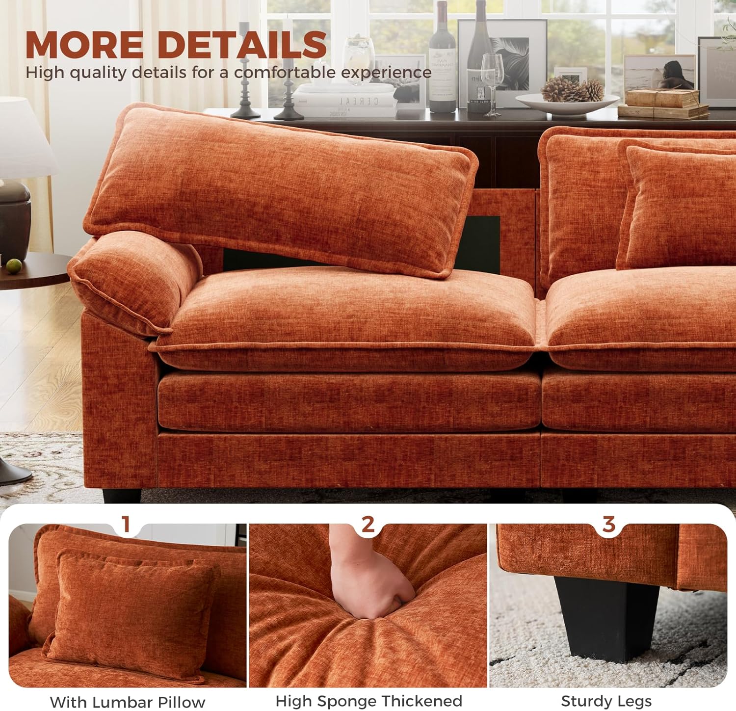 CDCASA 120" Oversized Modular Sectional Sofa, Comfy U-Shaped Cloud Couch w/ 2 Movable Ottoman, 5-Seater Chenille Deep Seat Modern Sofa Couch for Living Room, DIY Combination, Terracotta Orange