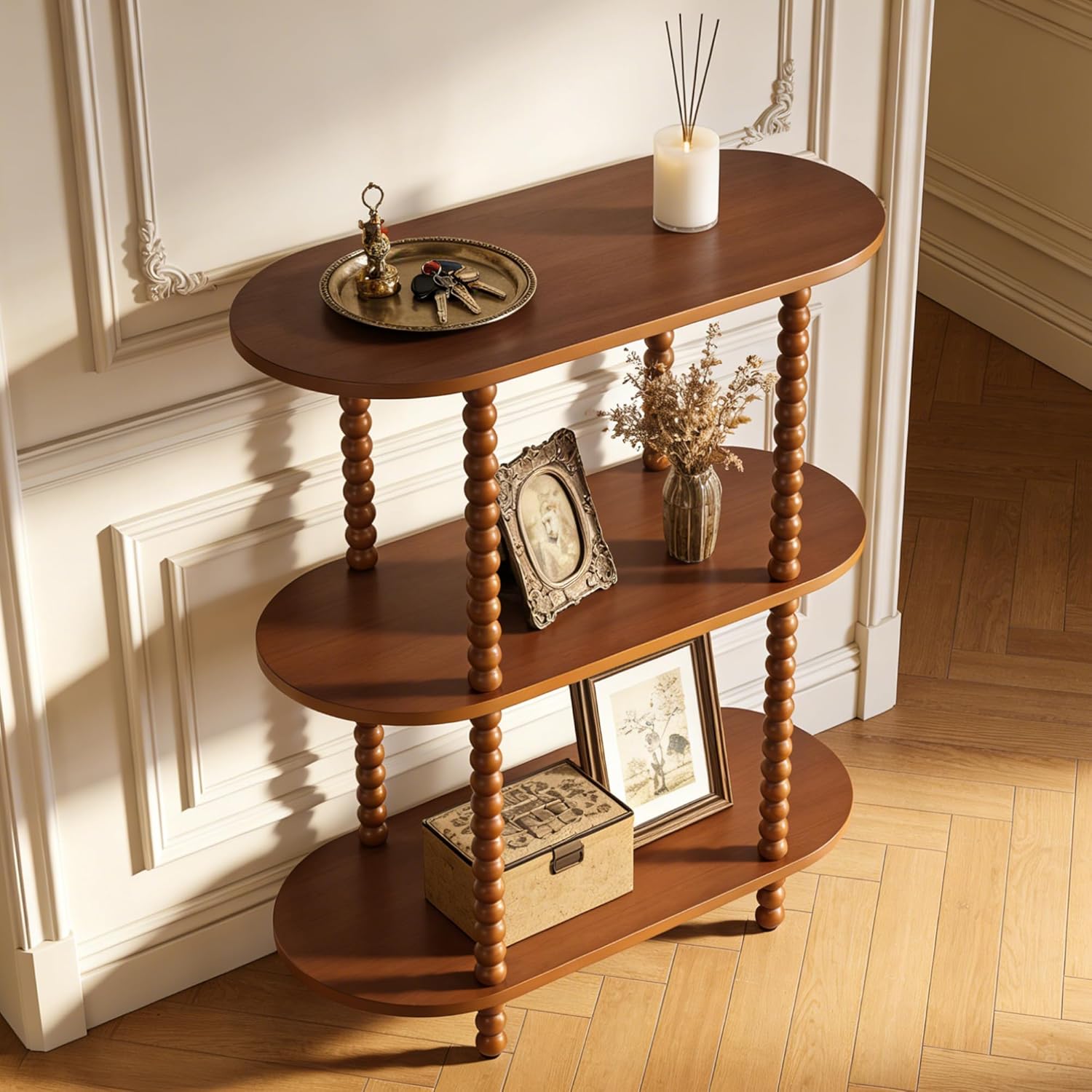 Modern Small Console Table, 3-Tier Oval Narrow Entryway Table with Storage Shelves, Wood Farmhouse Skinny Side Tables for Hallway, Behind Couch, Living Room and Bedroom, Walnut