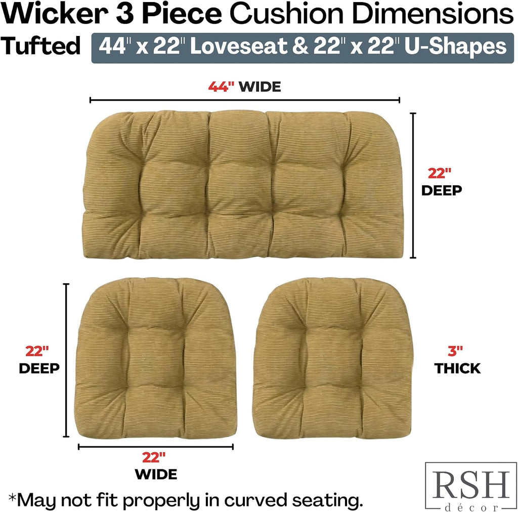 RSH DECOR: 3-Piece Wicker Tufted Cushion Set | 44” x 22" & 22" x 22" | All-Weather Spun Fabric | Outdoor Loveseat & U-Shape Cushions for Patio Furniture | Made in USA (Luca Rib Pecan)