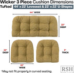 RSH DECOR: 3-Piece Wicker Tufted Cushion Set | 44” x 22" & 22" x 22" | All-Weather Spun Fabric | Outdoor Loveseat & U-Shape Cushions for Patio Furniture | Made in USA (Luca Rib Pecan)