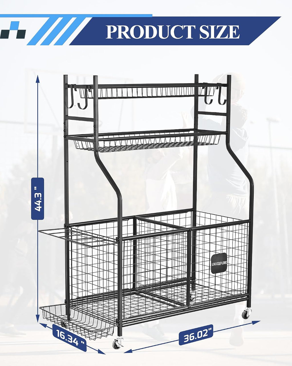 Sports Equipment Storage Organizer Rack with Rolling Wheels, Garage Ball Storage Cart for Basketball, Soccer, Baseball, Heavy-Duty Metal Sports Rack for Garage, Home, School Gym