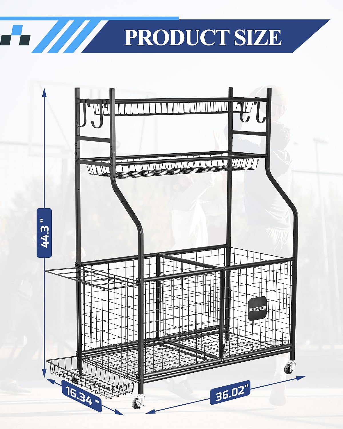 Sports Equipment Storage Organizer Rack with Rolling Wheels, Garage Ball Storage Cart for Basketball, Soccer, Baseball, Heavy-Duty Metal Sports Rack for Garage, Home, School Gym