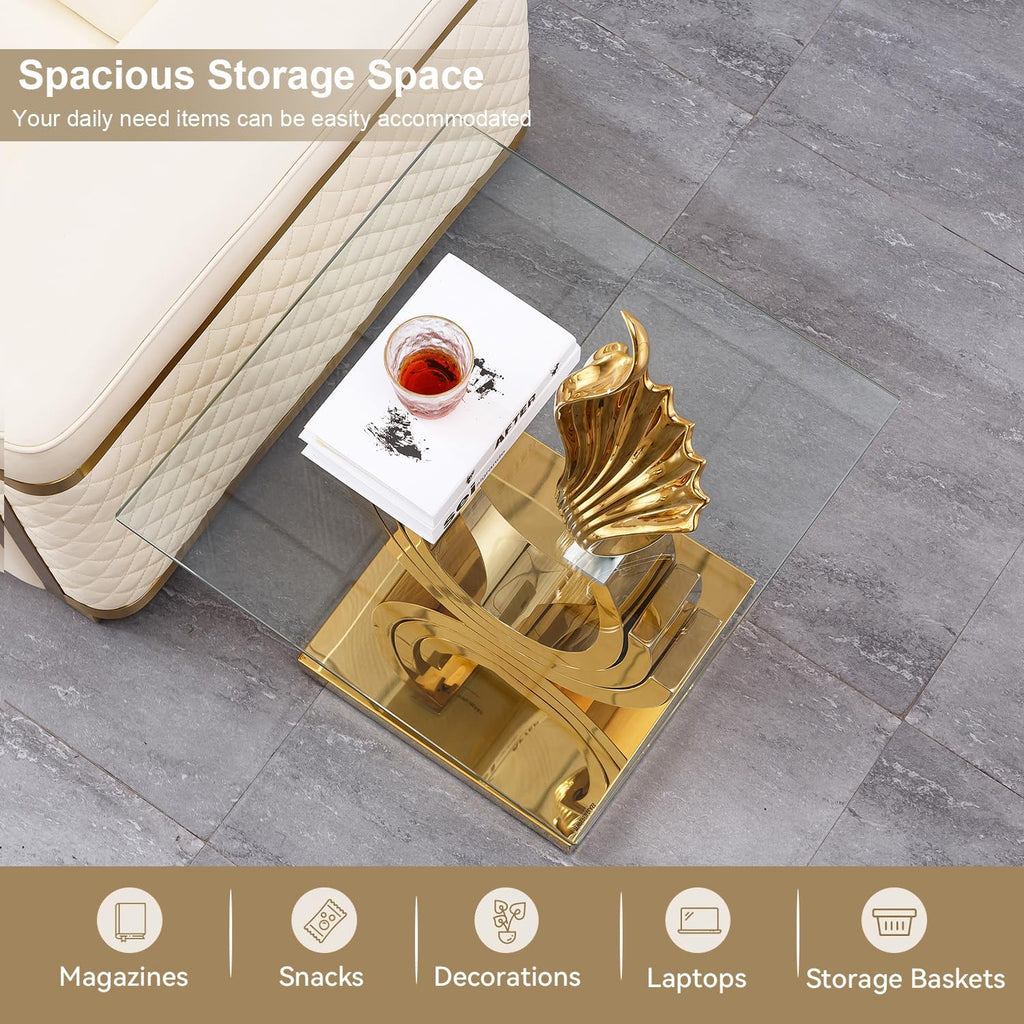 Luxury Gold Glass End Table, 22.6" Square Sofa Side Table with Mirrored Ring-Shape Stainless Steel Base, Glass End Tables Nightstand Bedside Table for Living Room Bedroom