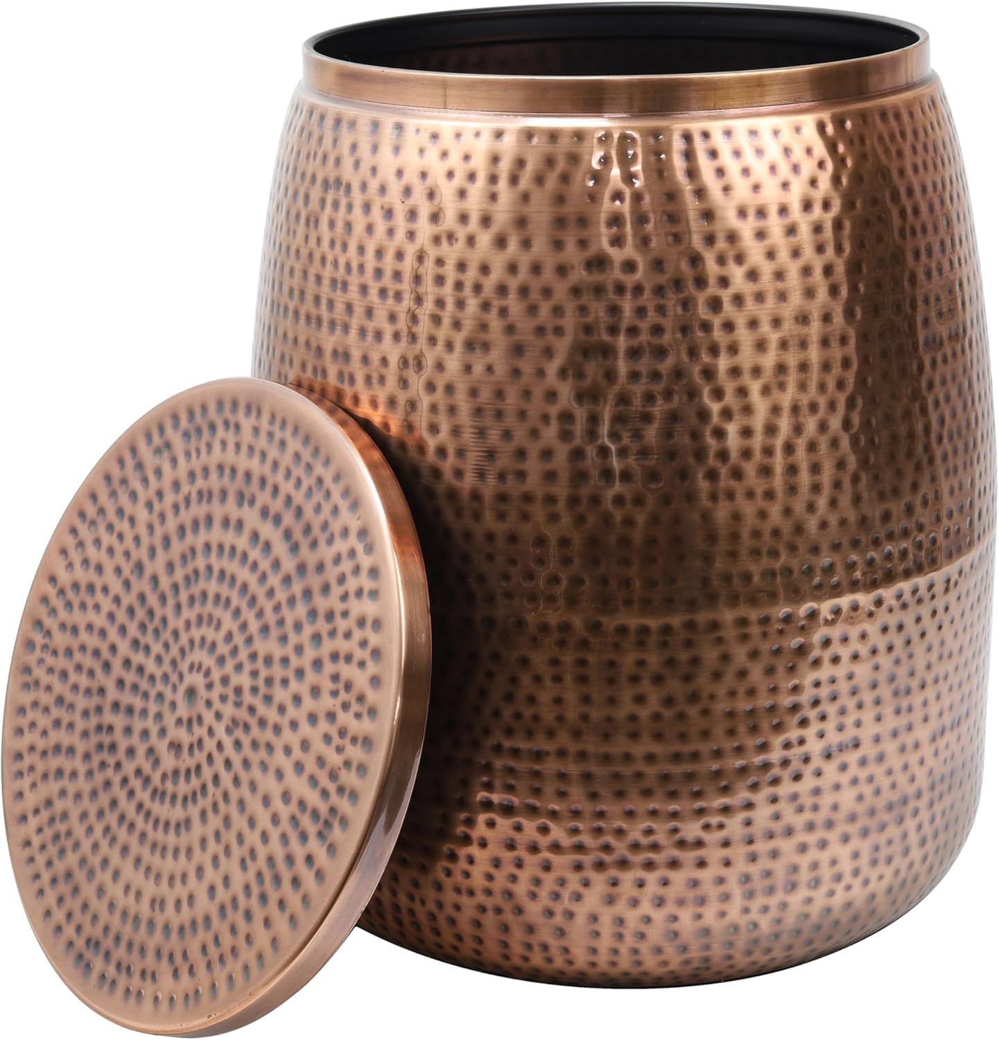 happimess SSL2000C Merida 19" Modern Rustic Hammered Metal Drum Storage Side Table with Lid, End Table for Decoration in Living Room, Bedroom, Bathroom, Antique Copper