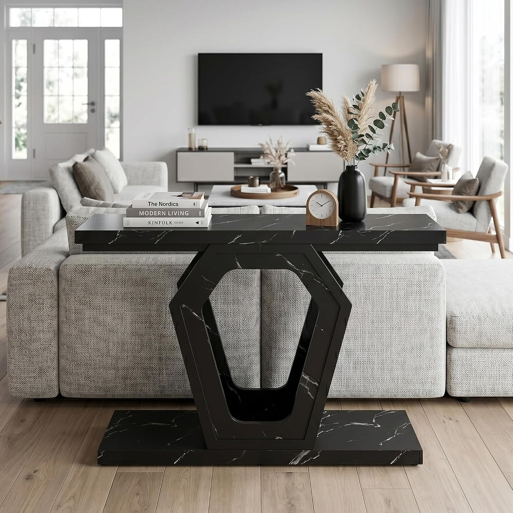 senlin Sofa Table 47.3 Inch Narrow Console Table with Openwork Frame, Industrial Entryway Table for Hallway, Wood and Metal, Adjustable Leg Pads, Easy Assembly (Black Marble Texture)