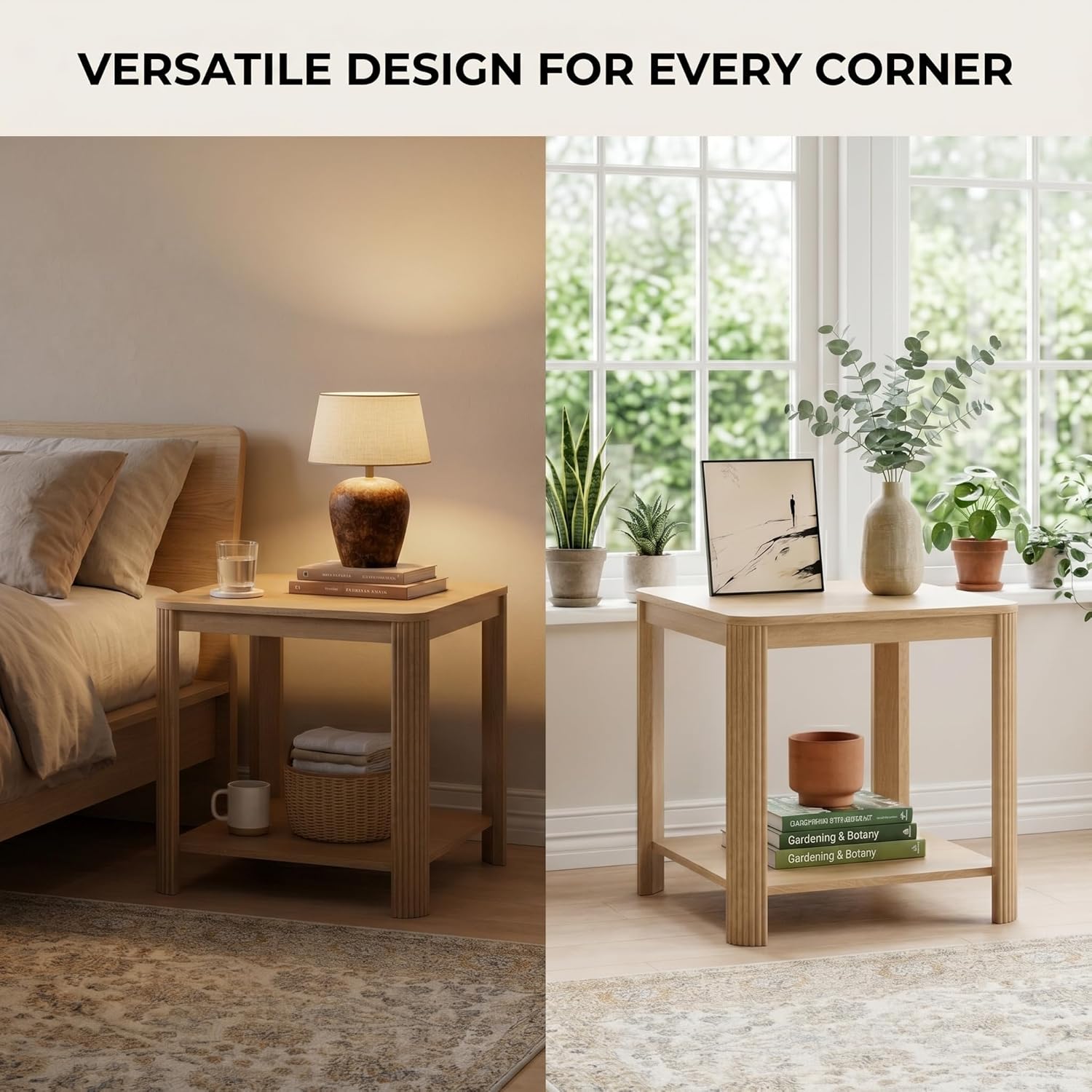 2-Tier Boho Side Table, 22.1'' Square Rounded Corner End Table with Vertical Wave Grain Legs, Oak Nightstand for Living Room Bedroom Home Office Small Spaces