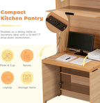 69" Compact Kitchen Pantry with Power Outlet, Freestanding Wooden Kitchen Organizers Storage Cabinet with Hutch and Foldable Workstation, Pantry Buffet with Adjustable Shelf for Dining Room, Natural