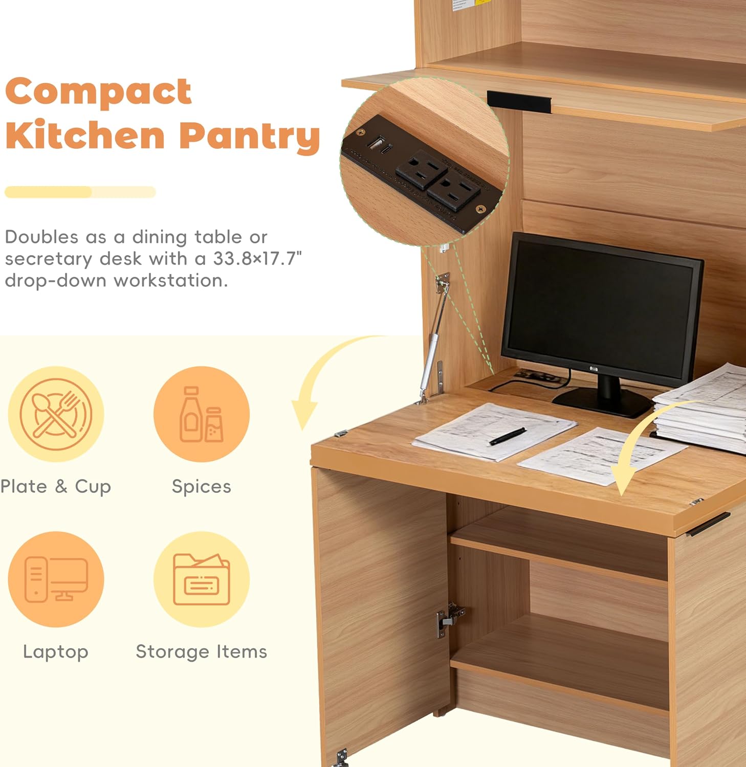 69'' Tall Kitchen Pantry Cabinet with Foldable Workstation, Kitchen Food Pantry Hutch with Adjustable Shelf, Folding Secretary Desk with Storage Hutch for Living Room, Dining Room (Natural)