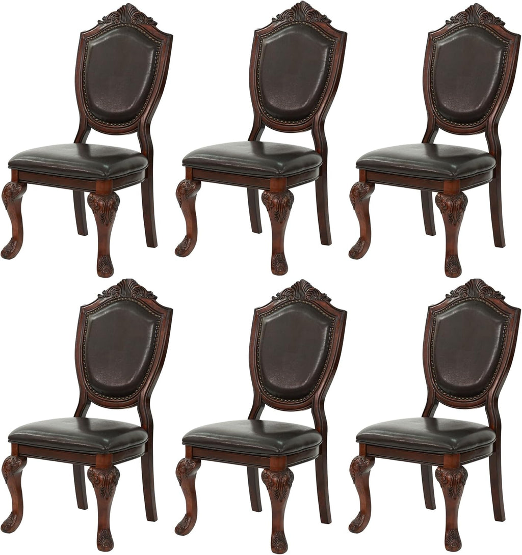 Dining Chairs Set of 6 – Antique Style Leather Dining Room Chairs with Solid Wood Legs and Rivet Decor, Ideal for Kitchen, Bedroom, Living Room (Brown armless)