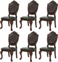 Dining Chairs Set of 6 – Antique Style Leather Dining Room Chairs with Solid Wood Legs and Rivet Decor, Ideal for Kitchen, Bedroom, Living Room (Brown armless)