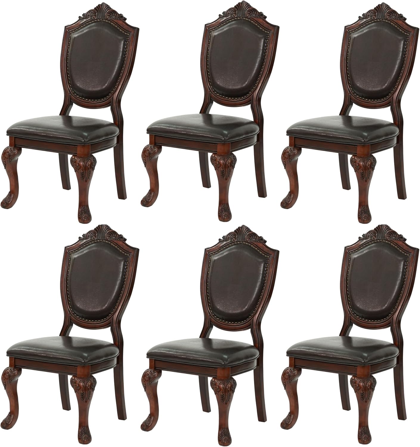 Dining Chairs Set of 6 – Antique Style Leather Dining Room Chairs with Solid Wood Legs and Rivet Decor, Ideal for Kitchen, Bedroom, Living Room (Brown armless)