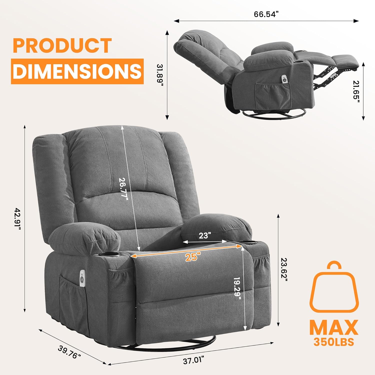 Oversized Recliner Chair with Massage and Heat for Adults, 360° Swivel Rocking Recliner, Big Seat Living Room Chair with Ergonomic Design, Cup Holders and Side Pockets