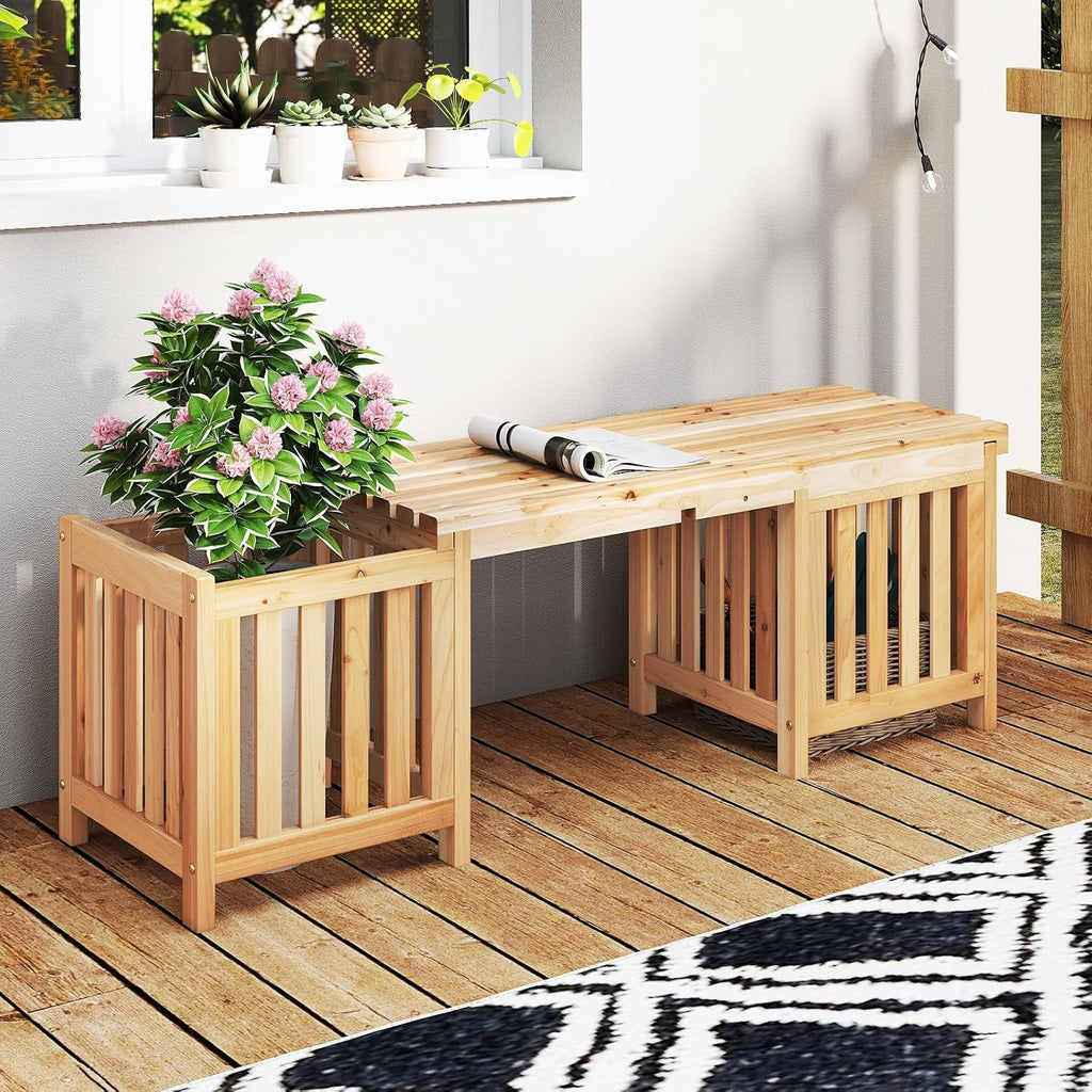 HAPPYGRILL Patio Wooden Bench with Planter, 2 Person Patio Bench with/ 2 Side Flower Box, Slot Design for Easy Assembly, Natural Fir Wood Frame, Outdoor Garden Bench Seat for Patio, Garden, Backyard