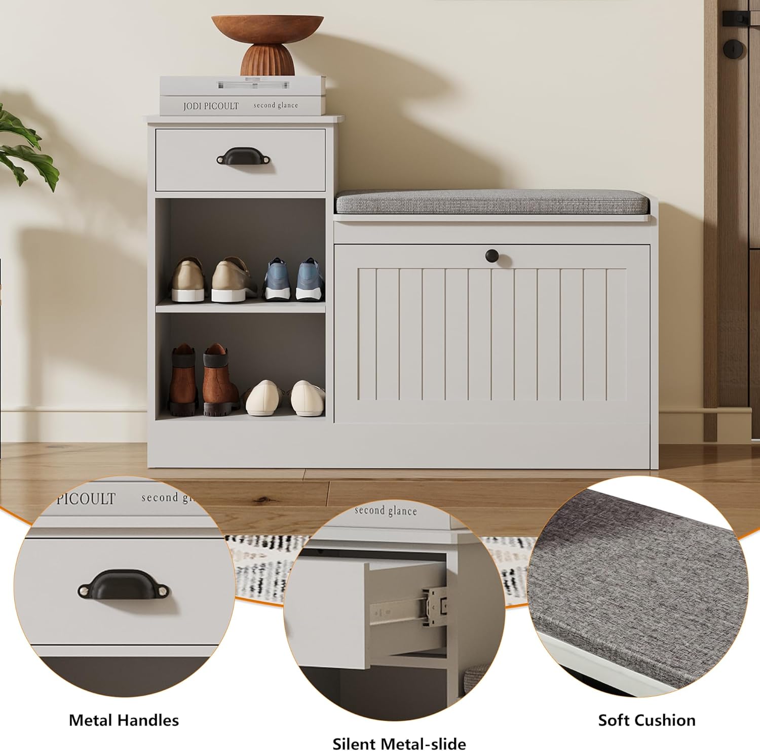Shoe Storage Bench, Modern Wooden Shoe Cabinet with Flip Drawer and Adjustable Shelf, Entry Way Bench with Padded Seat Cushion for Entryway, Hallway, Living Room,Pebble Grey