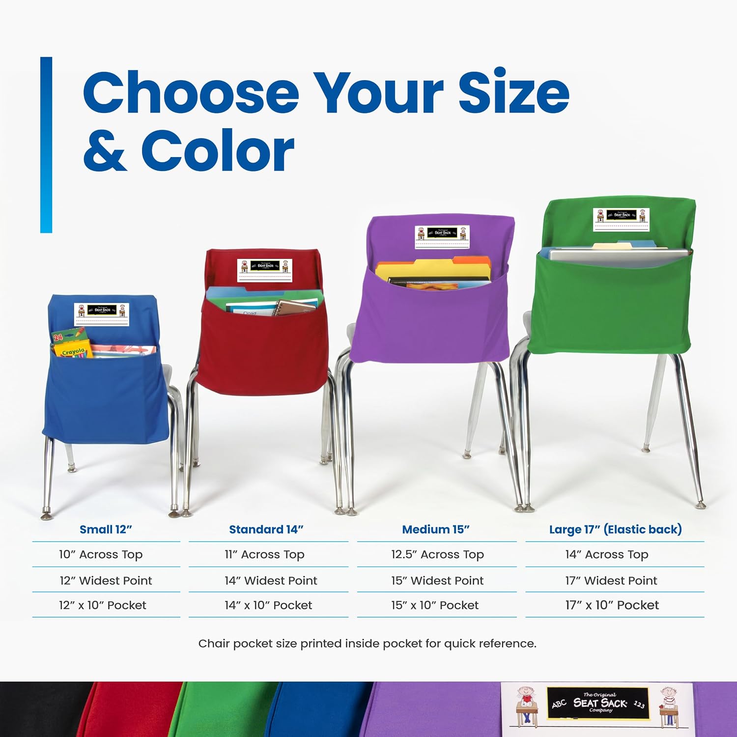 Seat Sack Student Chair Storage Pocket - 14", Single Pocket, Classroom Chair Organizer for Student Desks, Durable Over-the-Chair Storage, Blue, 1-Pack